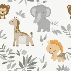 Adorable Safari Animals Seamless Pattern: Cute Giraffe, Elephant, Lion, and Horse Illustration for Kids
