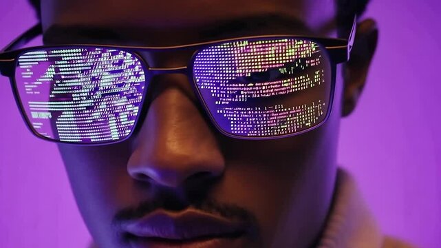 Person wearing glasses with code reflected
