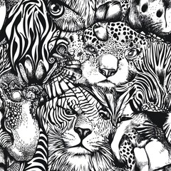 A Monochrome Masterpiece: Intricate Fusion of Wild African Animals in a Seamless Pattern Design