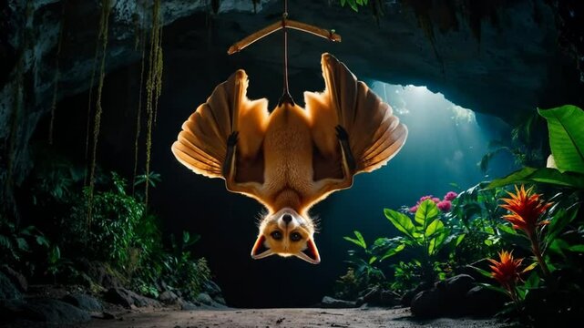 Fox Bat Hanging Upside Down in Tropical Cave with Dramatic Lighting Stock Footage