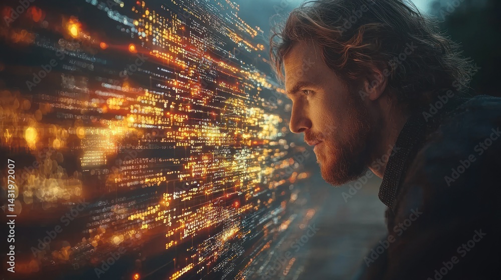 Poster intrigued gaze into digital realm: a man observing a flow of data