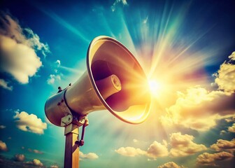 Vintage Style Photo: Loudspeaker against a vibrant blue sky, sunlit, grainy texture, faded colors.