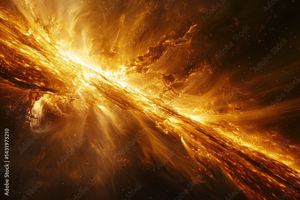 Poster a cosmic explosion of fiery energy and celestial dust, creating a breathtaking display of golden lig