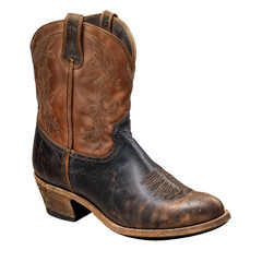 A single rugged cowboy boot made of brown and black leather, featuring classic western stitching and a worn-out, vintage appearance on a white background.