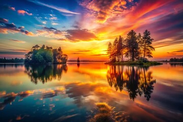 Obraz premium Vintage Sunset Lake Reflection - Peaceful Evening Landscape Photography