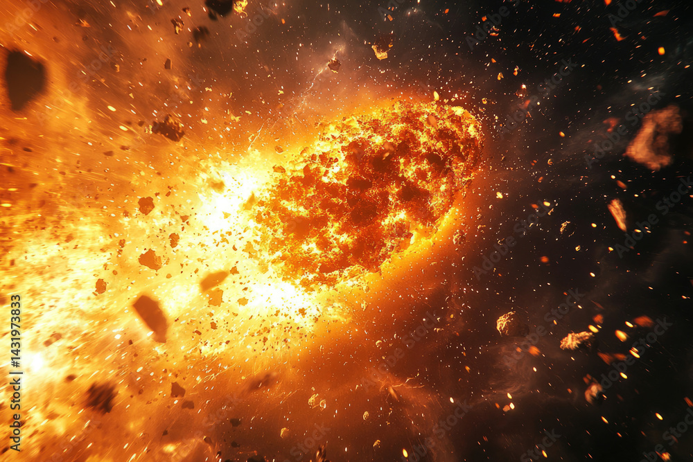 Poster fiery cosmic explosion with debris and incandescent fragments scattering across the dark void.