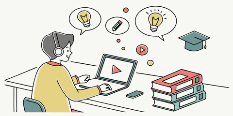 A cartoon business woman with a laptop works at her office desk, an illustration of technology and internet communication