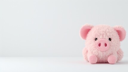 Pink pig plush toy on white background, soft stuffed animal, cute children&rsquo;s gift, minimal nursery decor, playful kid accessory, pastel color, cozy childhood, copy space

