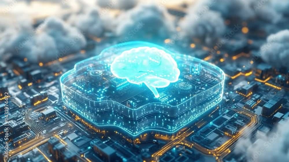 Poster digital brain in the cloud: an artistic rendering of a glowing digital brain encased within a transp