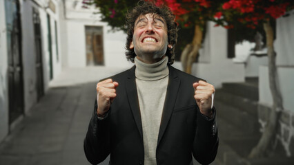 Young man celebrating triumph outdoors on city street with clenched fists, expressing happiness and...