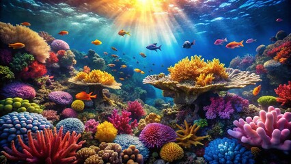 Vintage Underwater Scene: Vibrant Orange Coral Reef in Serene Ocean