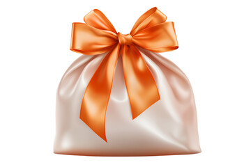 White and orange satin bag with ribbon, isolated on a transparent background