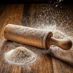 A wooden rolling pin dusted with flour lies on a floured wooden surface, next to a bowl filled with flour, evoking a baking atmosphere.