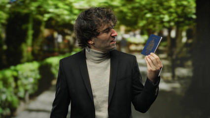Man holding canadian passport outdoors in a lush green park, conveying a sense of travel, identity,...
