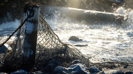 Naklejka premium Sunlit Coastal Scene: Fishing Net on Rocky Shore with Waves