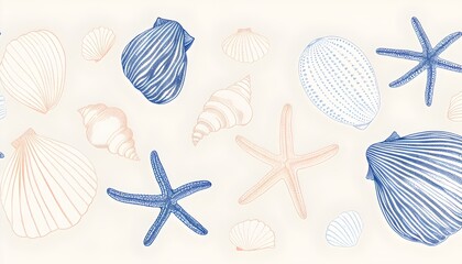 Maritimes Strandbild mit Muscheln und Seesternen in beige und blau