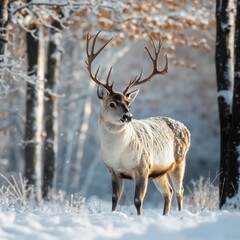 Fototapeta premium A deer standing in the snow in the woods
