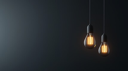 Two Illuminated Light Bulbs Hanging in Dark Background