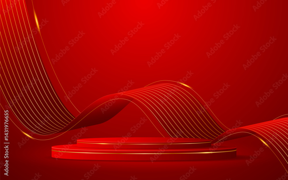 Poster red podium with elegant gold wave lines on the back for advertisement display. display of cosmetic p
