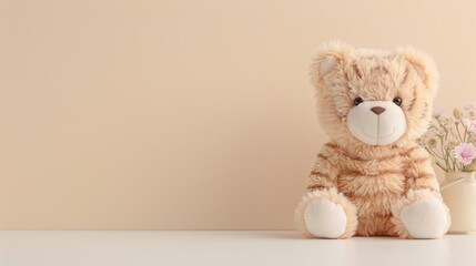 Tiger-striped teddy bear plush toy with neutral tones sitting on beige background, minimalist nursery room decor or cuddly children’s toy for jungle theme gift concept

