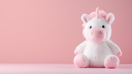 Obraz premium Cute unicorn plush toy with pink mane and white fur sitting on pastel pink background, fantasy stuffed animal for nursery, magical baby room decor or children’s birthday gift