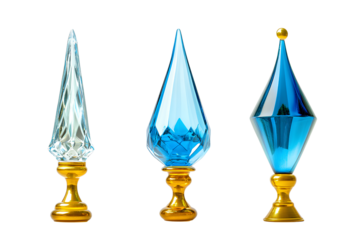 3 different glass finial shapes in a crystal blue and gold color theme isolated on a transparent background PNG