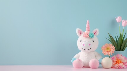 Obraz premium Unicorn plush toy with horn and pastel decorations placed beside flowers and greenery, soft blue background for children’s room, fantasy-themed nursery decor concept