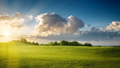 Obraz premium soft fluffy clouds serene green landscape warm sunlight filtering