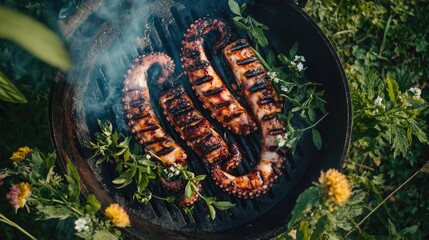 Grilled Octopus on a Smokey Grill with Herbs and Flowers