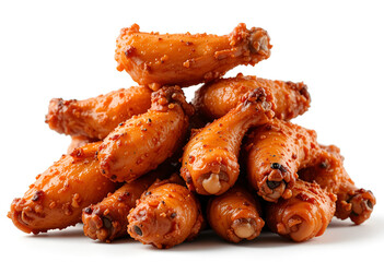 Cooked Chicken Wings Pile Isolated on White for Barbecue and Party Food Concepts Featuring Crispy Golden Brown Wings with Char Marks for Appetizing Imagery: Cooked, Chicken, Wings, Pile, Isolated.
