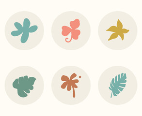 Social media highlight icons foliage abstract plant in boho color style. Simple, minimalist and modern tropical nature ornament collection set. 