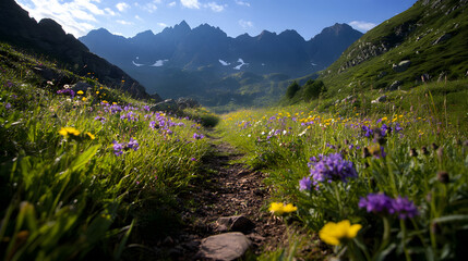 A beautiful mountain path surrounded by colorful wildflowers, with a clear blue sky above and rugged peaks in the distance.