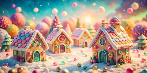 Naklejka premium Whimsical Gingerbread Houses in Pastel Dreamland: Vintage Style Children's Fantasy Stock Photo