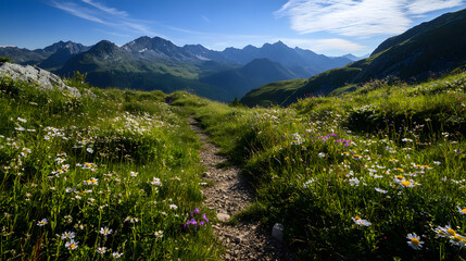 A beautiful mountain path surrounded by colorful wildflowers, with a clear blue sky above and rugged peaks in the distance.