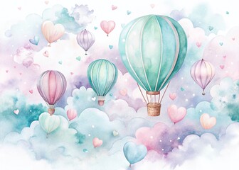 Naklejka premium Whimsical Pastel Watercolor Hot Air Balloon with Hearts & Clouds - Nursery Decor & Romantic Art