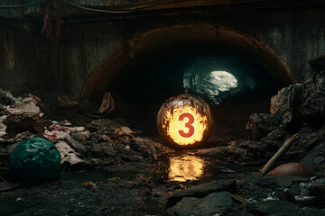 Countdown timer glowing ominously in dark, trash-filled urban tunnel with three seconds remaining