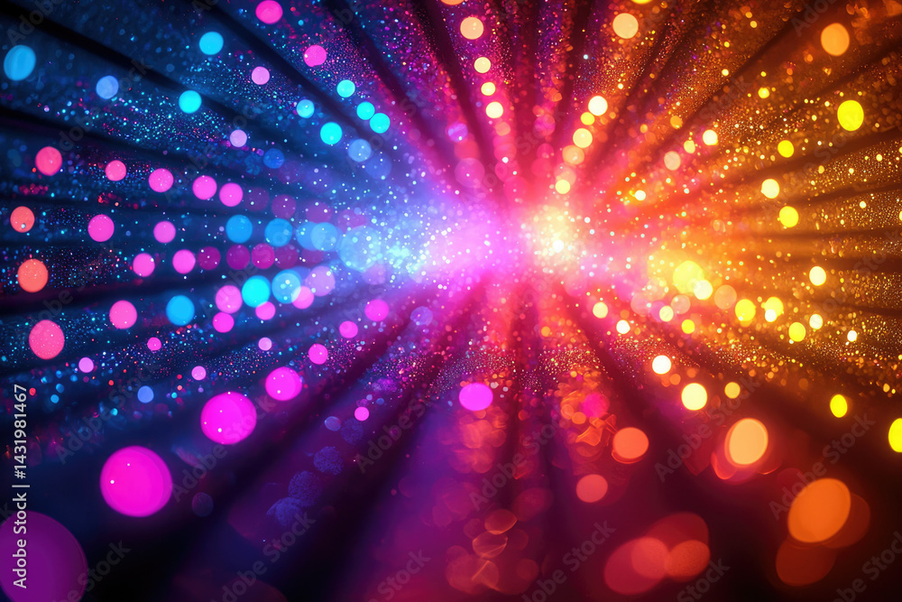 Poster vibrant burst of colorful bokeh lights, radiating outwards in a dazzling display of sparkle and shin