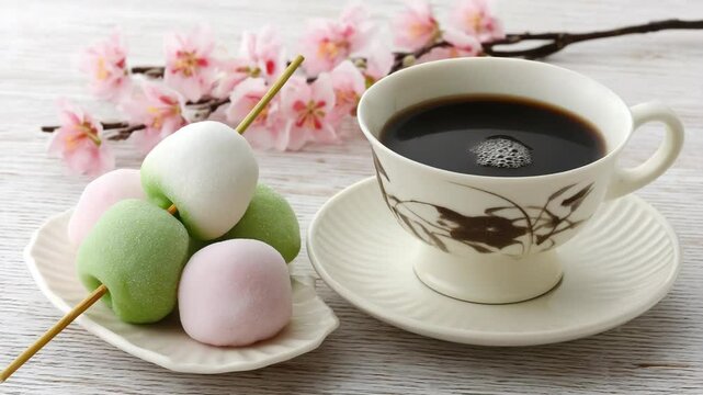 Colorful Dango dumplings on a plate with cup of dark coffee and pink cherry blossom decoration for relaxation and peacefulness