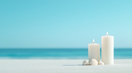 White Candles and Seashells on a Sandy Beach