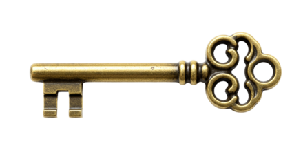 A close up shot of an antique brass key with intricate design on a black background in high resolution