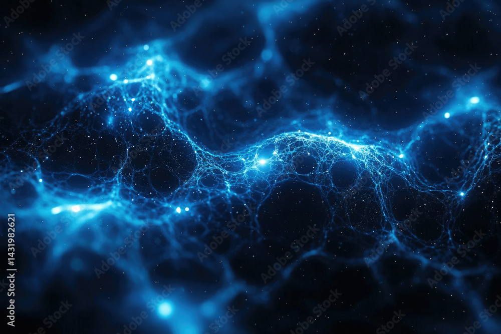 Aufkleber Abstract blue glowing network, digital nodes connected, forming a wave-like pattern in space.