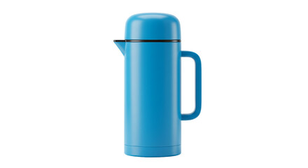 A bright blue thermos with a handle and spout sits against a stark black background in a studio shot