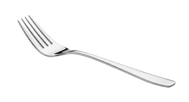 A close up shot of a shiny silver fork with four tines lying on a black background in a studio setting