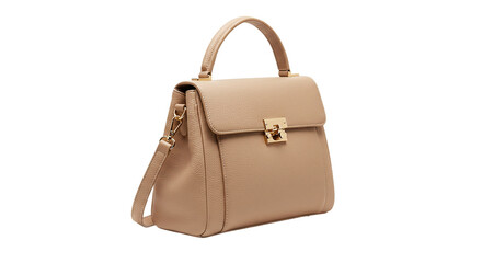 Naklejka premium A beige leather handbag with a top handle and a shoulder strap on a black background in studio shot