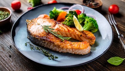 delicious fried salmon steak with vegetables herbs and spices ai generative
