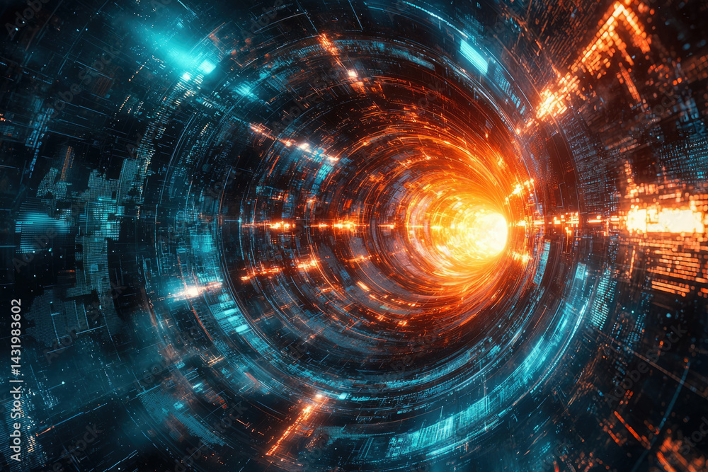 Fototapete A swirling vortex of vibrant orange and teal digital data streams, creating a futuristic tunnel effect.