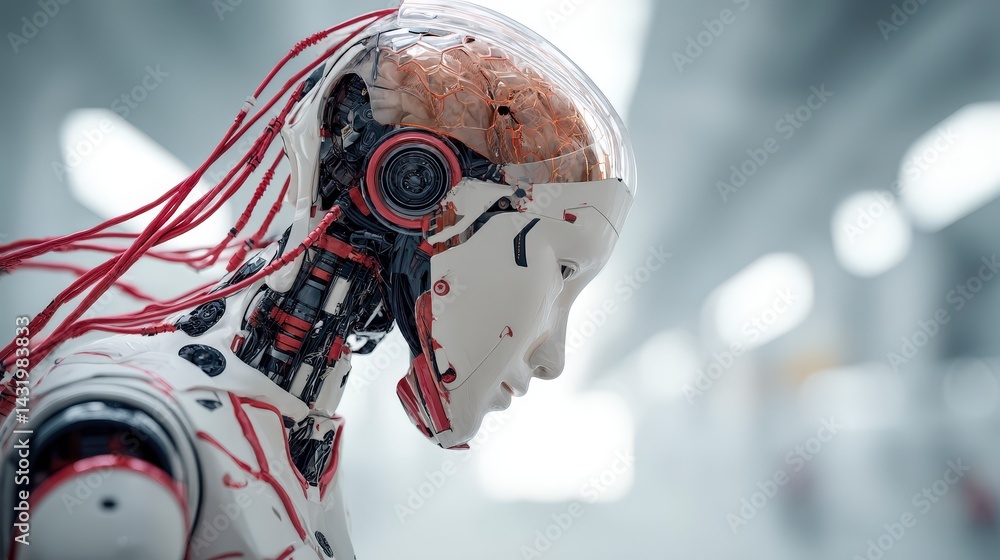 Poster futuristic robot with intricate circuitry in a modern, blurred background.