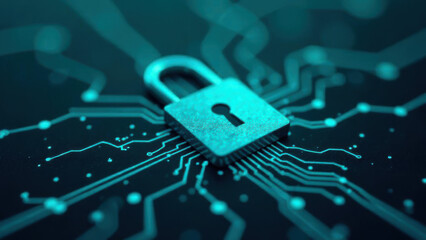 A digital padlock on a teal circuit board background symbolizes cybersecurity and technology safety