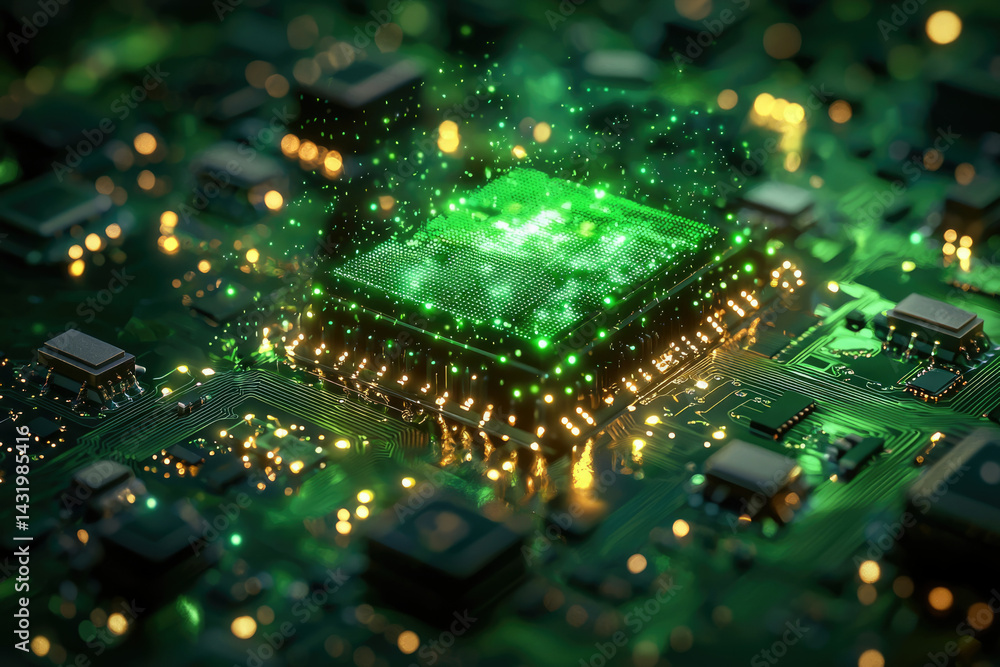 Aufkleber Glowing green CPU on a circuit board, showcasing advanced technology and data processing.