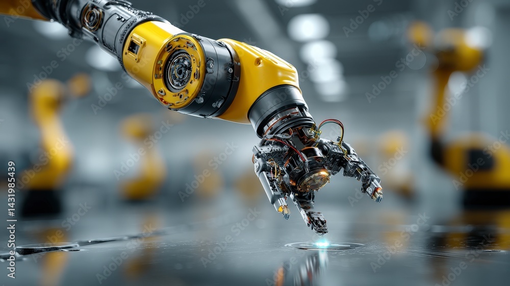 Poster robotic arm working in a modern industrial setting with precision and technology.